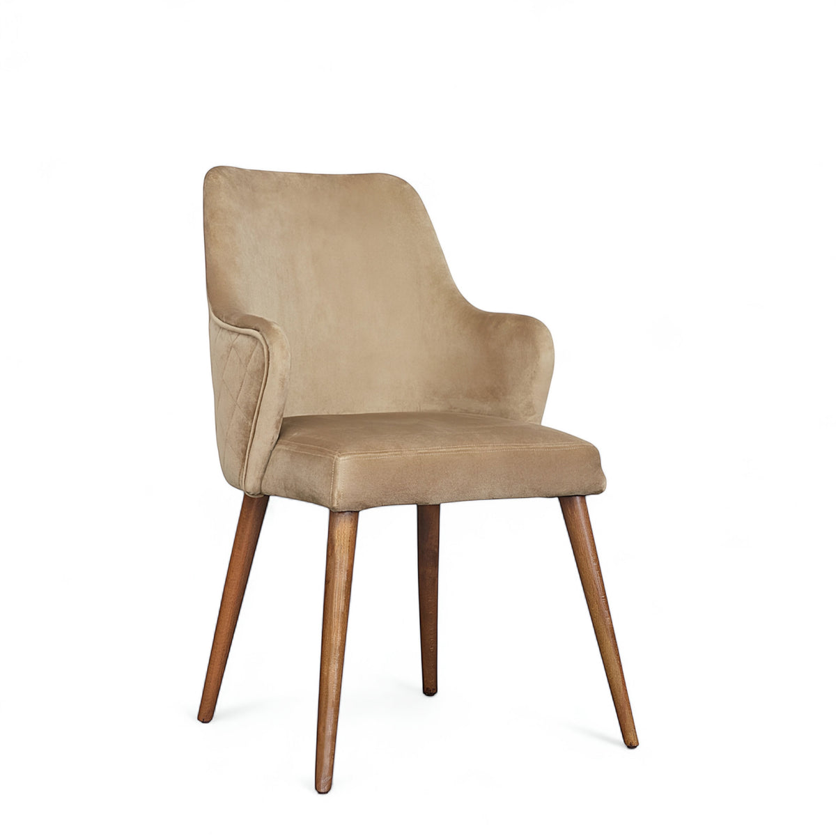 Front angled view of the Vaya Home Ciervo dining chair with beige upholstery, curved arm detail, and tapered wood legs.