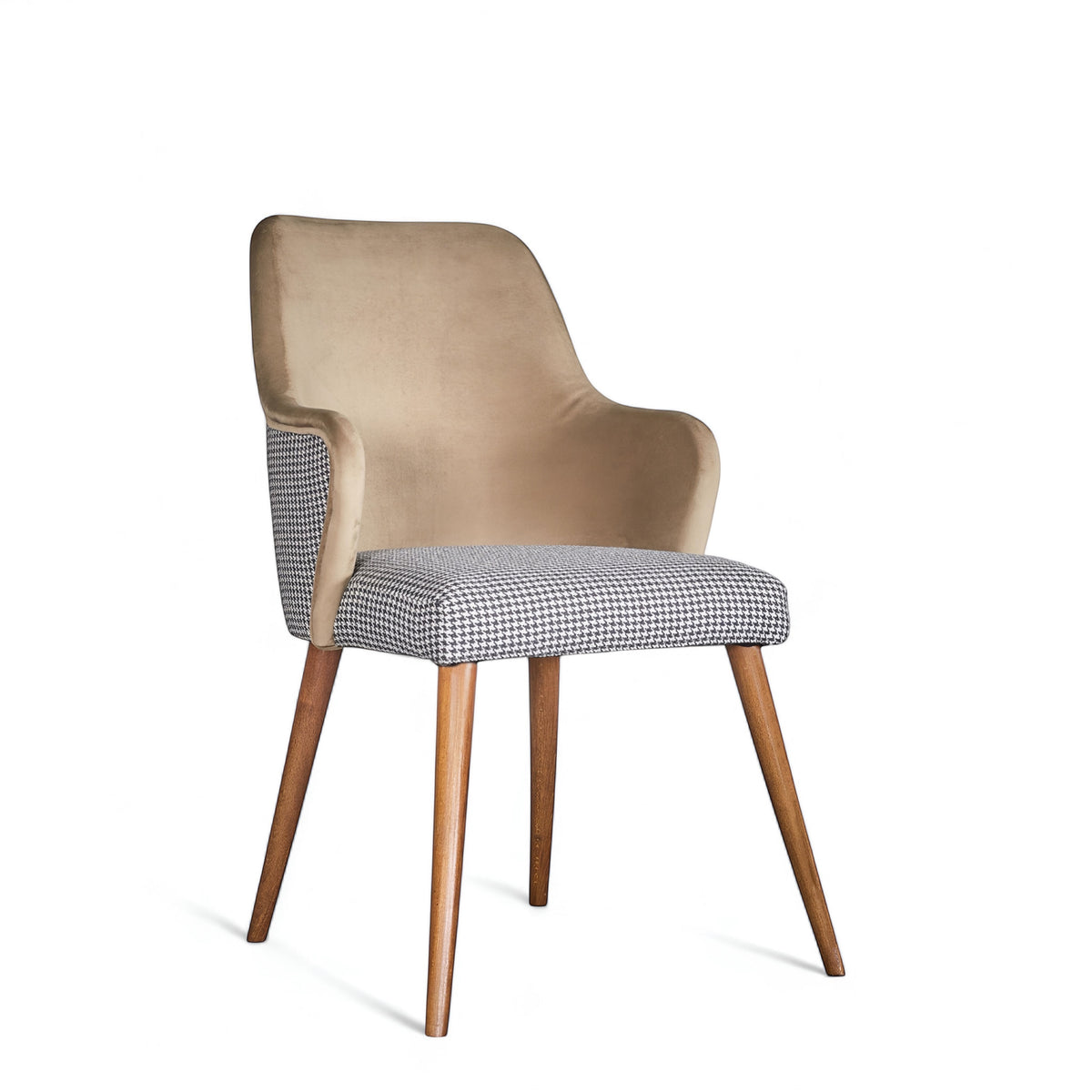 Front angled view of the Vaya Home Ciervo dining chair with houndstooth upholstery, curved arms, and tapered wood legs.