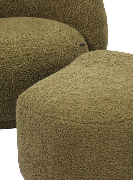 Close-up of the Vaya Home Cloud 2.0 chair and ottoman showing olive green boucle texture and rounded upholstery detail.