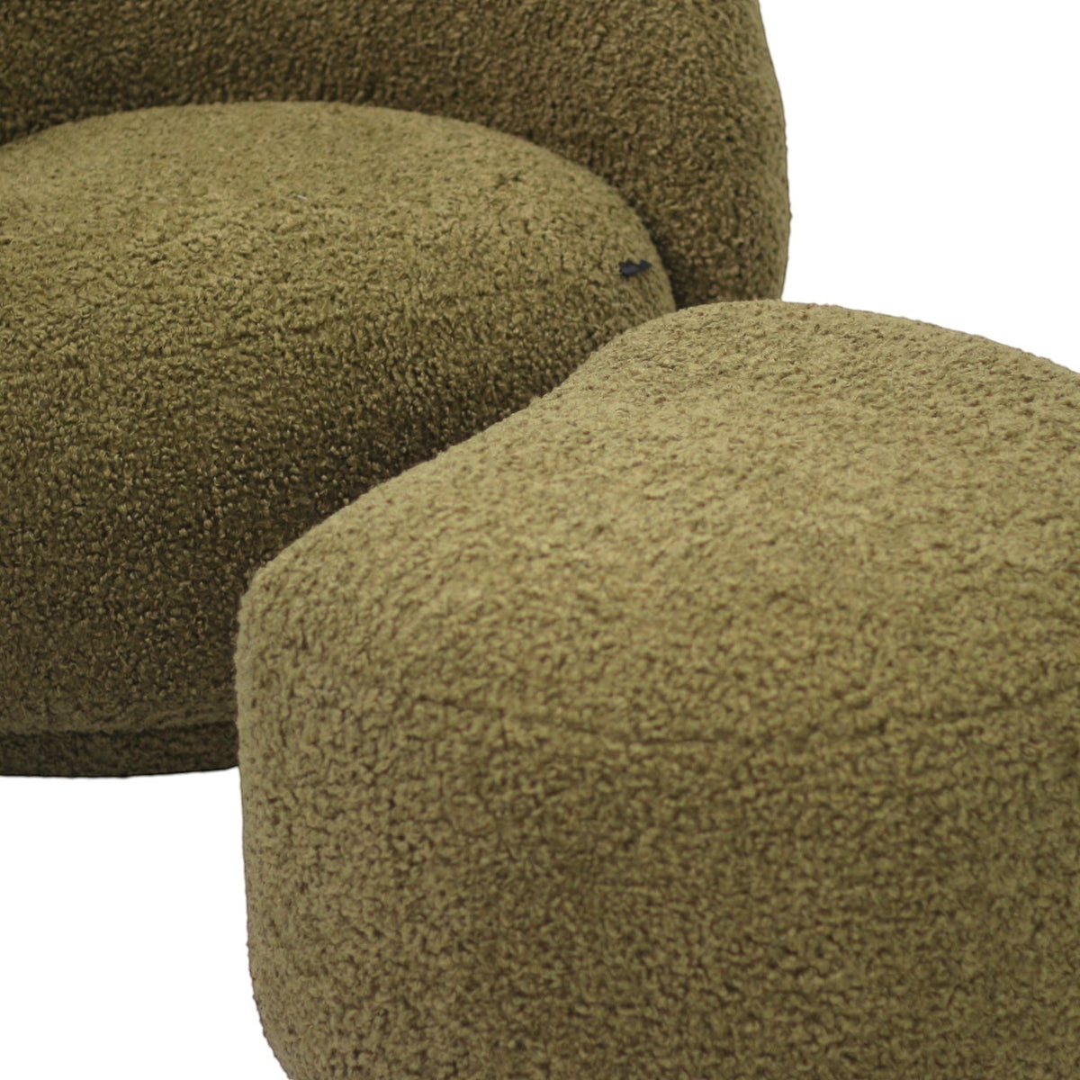 Close-up of the Vaya Home Cloud 2.0 chair and ottoman showing olive green boucle texture and rounded upholstery detail.