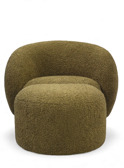 Front view of the Vaya Home Cloud 2.0 accent chair with rounded silhouette, matching ottoman, and olive green boucle upholstery.