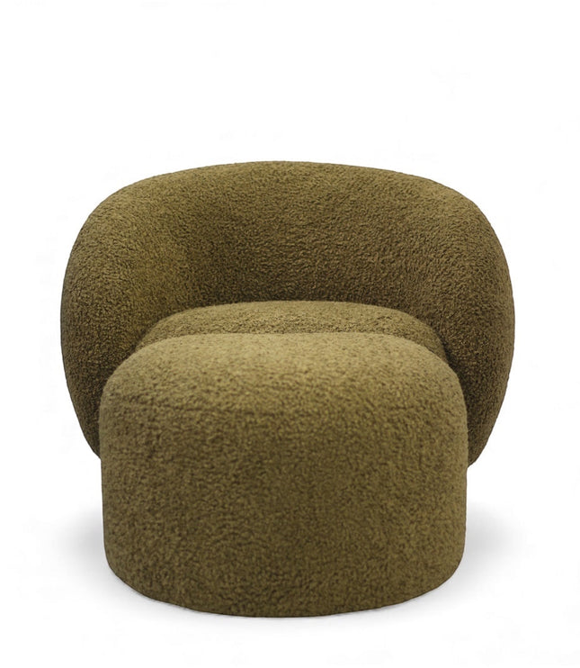 Front view of the Vaya Home Cloud 2.0 accent chair with rounded silhouette, matching ottoman, and olive green boucle upholstery.