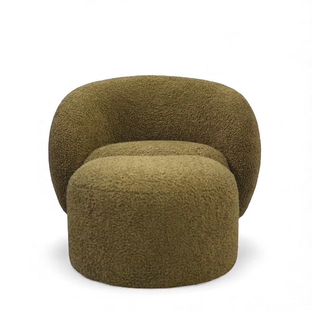 Front view of the Vaya Home Cloud 2.0 accent chair with rounded silhouette, matching ottoman, and olive green boucle upholstery.