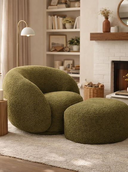 Vaya Home Cloud 2.0 accent chair with matching ottoman in olive green boucle upholstery, styled in a modern living room.