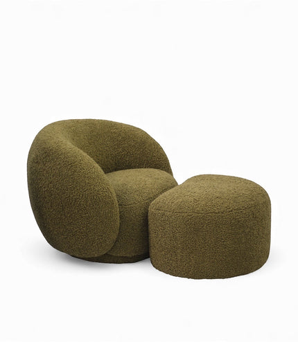 Vaya Home Cloud 2.0 accent chair with matching ottoman in olive green boucle upholstery.