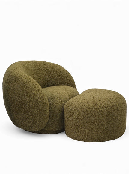 Vaya Home Cloud 2.0 accent chair with matching ottoman in olive green textured upholstery.