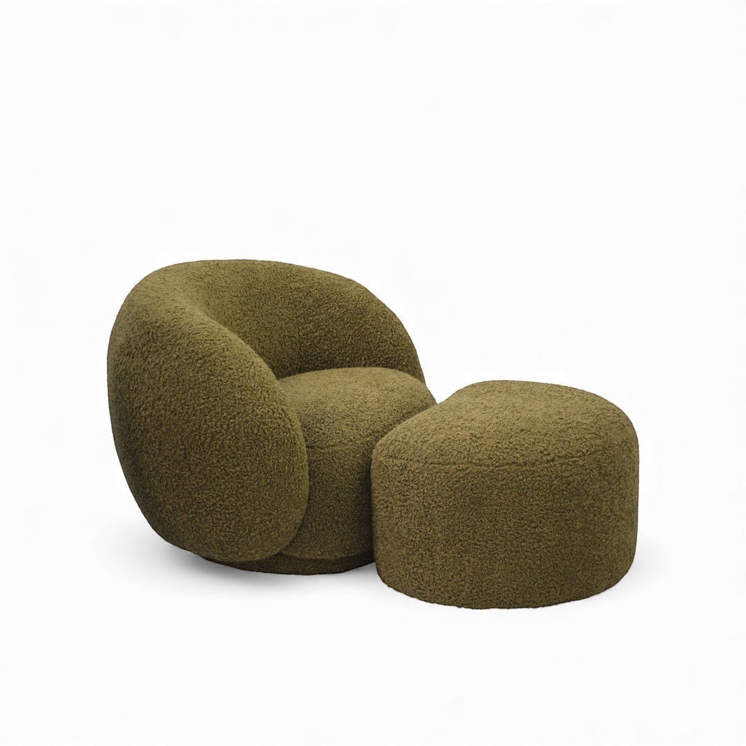 Vaya Home Cloud 2.0 accent chair with matching ottoman in olive green textured upholstery.
