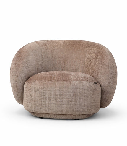 Front angled view of the Vaya Home Cloud accent chair with beige upholstery, rounded silhouette, and plush seat cushion.