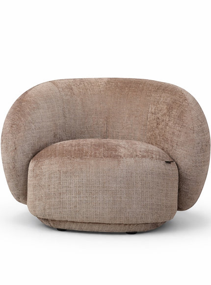 Front angled view of the Vaya Home Cloud accent chair with beige upholstery, rounded silhouette, and plush seat cushion.