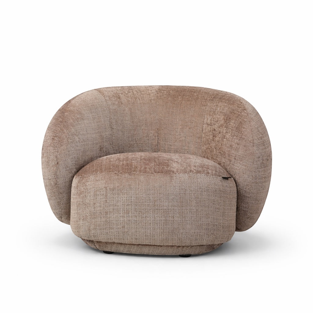 Front angled view of the Vaya Home Cloud accent chair with beige upholstery, rounded silhouette, and plush seat cushion.