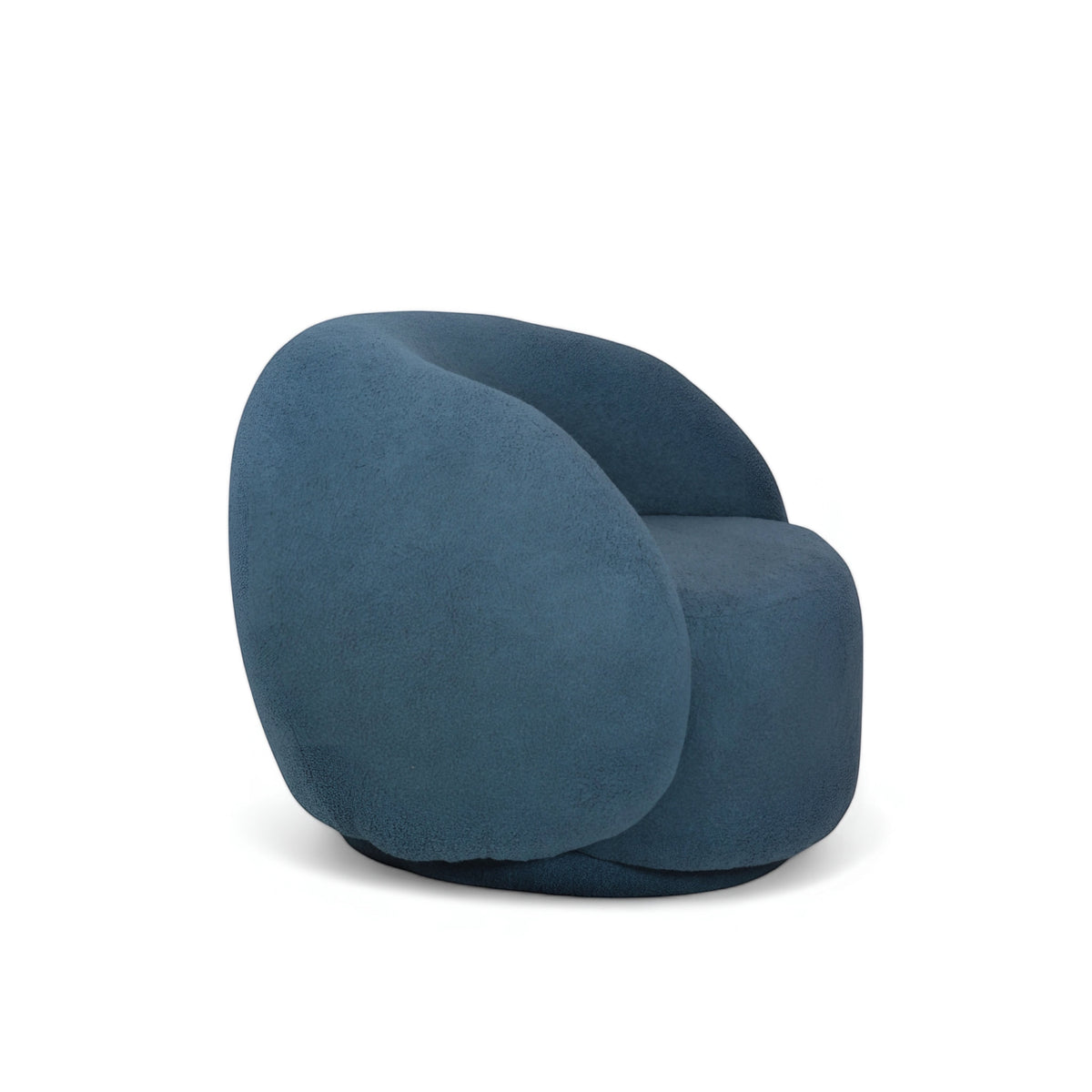 Rear angled view of the Vaya Home Cloud accent chair featuring blue upholstery and a rounded sculptural back.