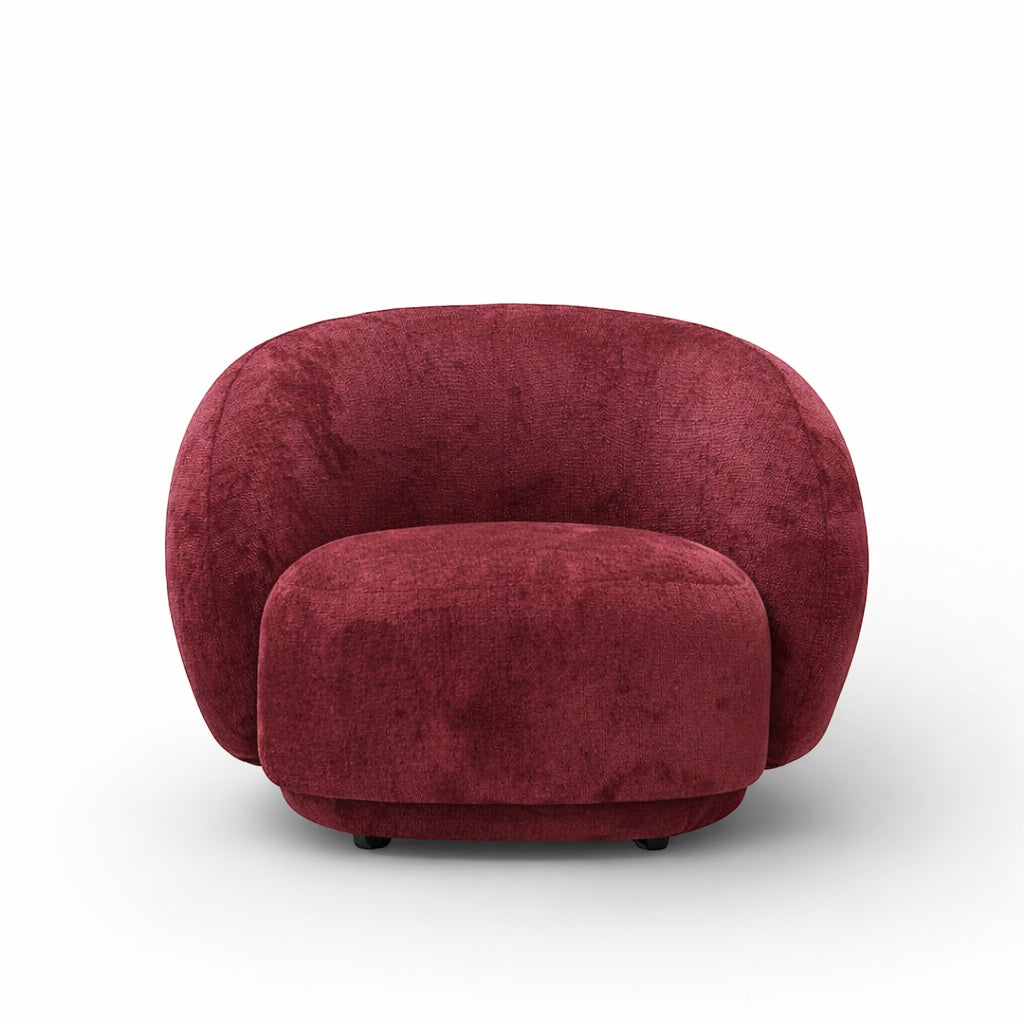 Front angled view of the Vaya Home Cloud accent chair with red upholstery, rounded silhouette, and plush seat cushion.