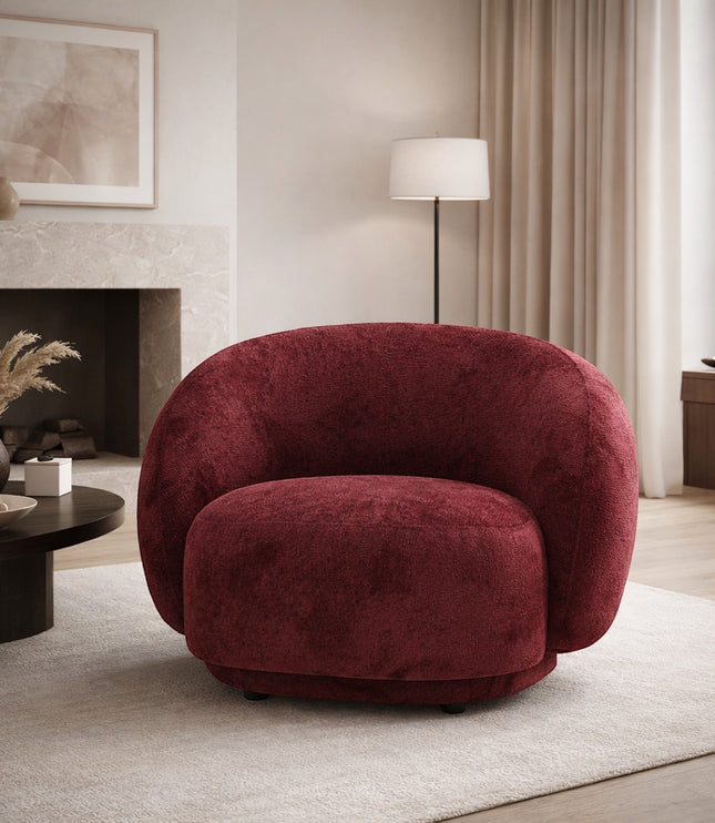 Vaya Home Cloud accent chair in red upholstery, styled in a modern living room.