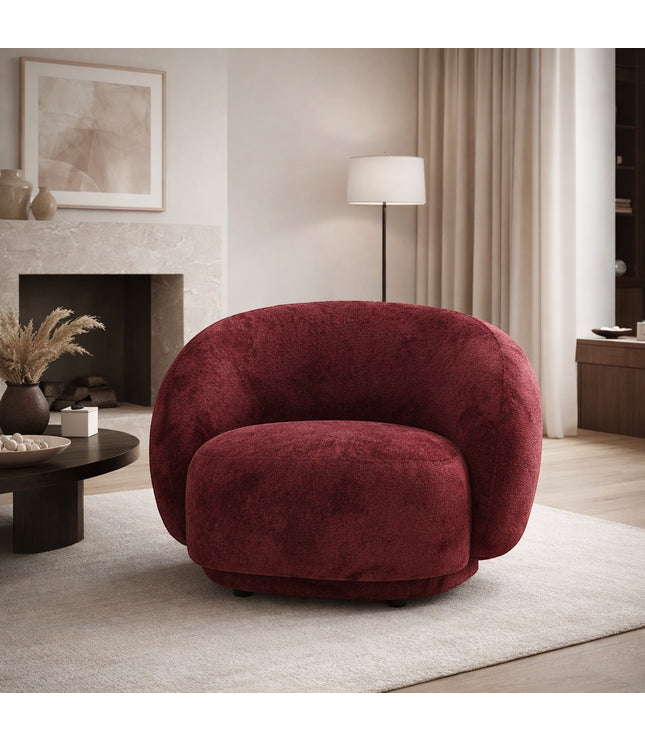 Vaya Home Cloud accent chair in red upholstery, styled in a modern living room.
