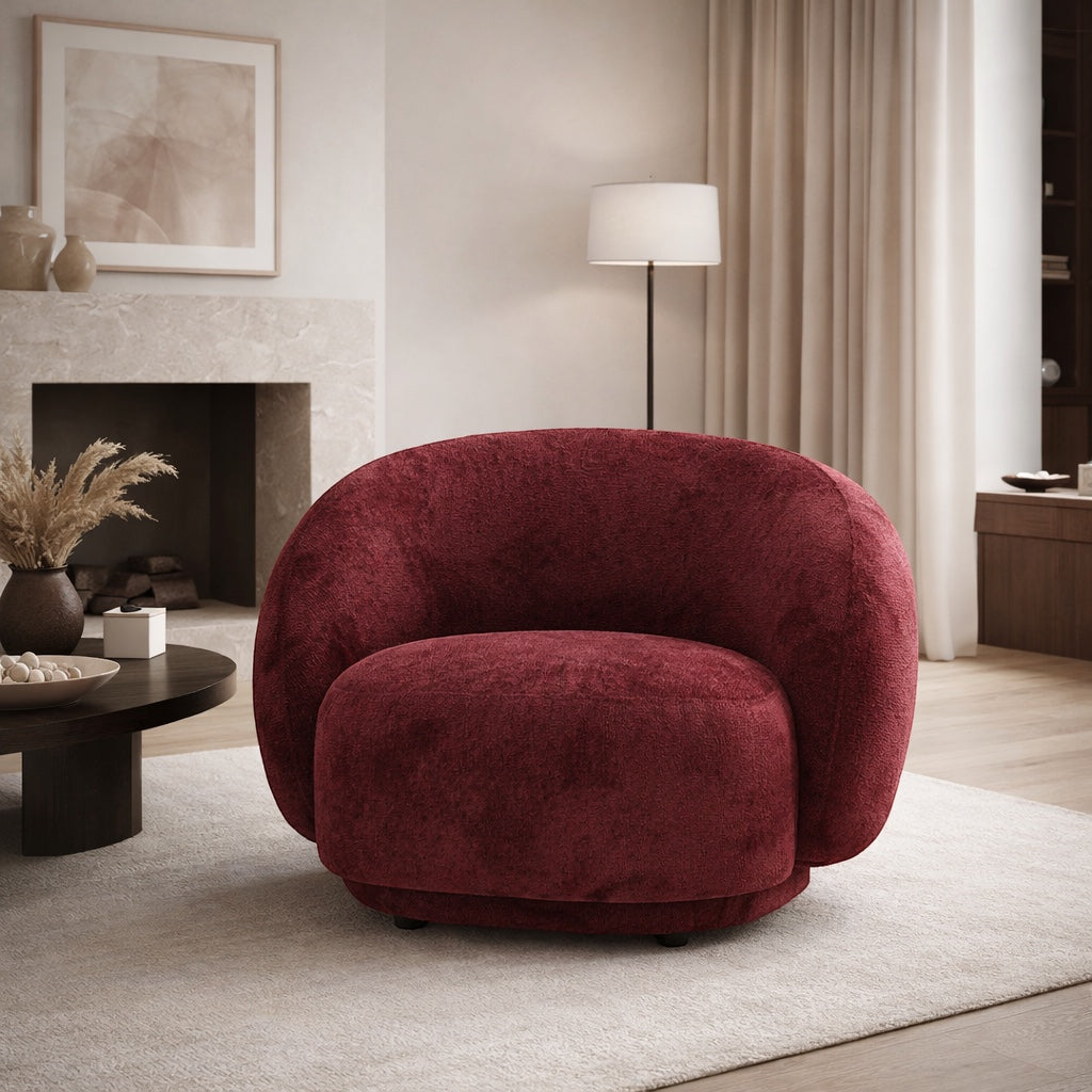 Vaya Home Cloud accent chair in red upholstery, styled in a modern living room.