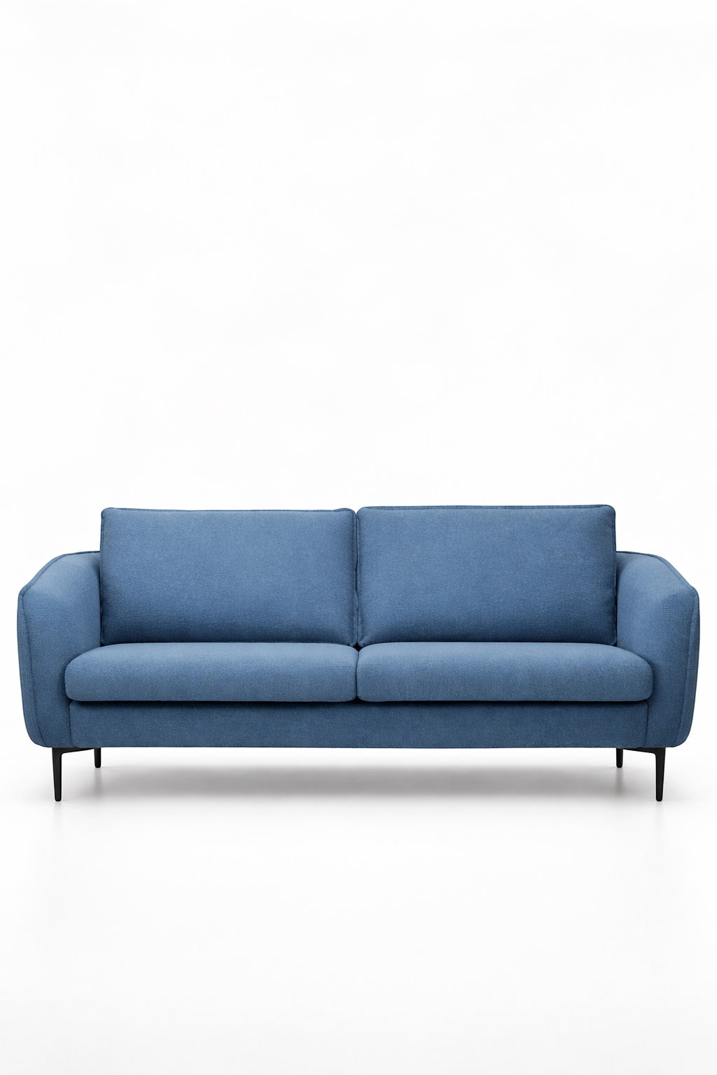 Front view of the Vaya Home Cobalt sofa with blue upholstery, slim arms, two seat cushions, and accent pillows.