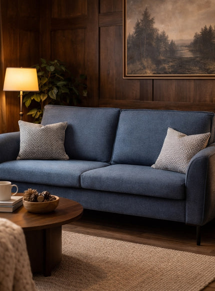 Vaya Home Cobalt sofa in blue upholstery, styled in a warm modern living room with accent pillows.