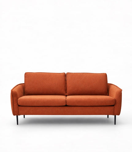 Product view of the Vaya Home Cobalt sofa in orange upholstery with slim arms and a modern low-profile frame.