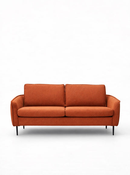 Product view of the Vaya Home Cobalt sofa in orange upholstery with slim arms and a modern low-profile frame.