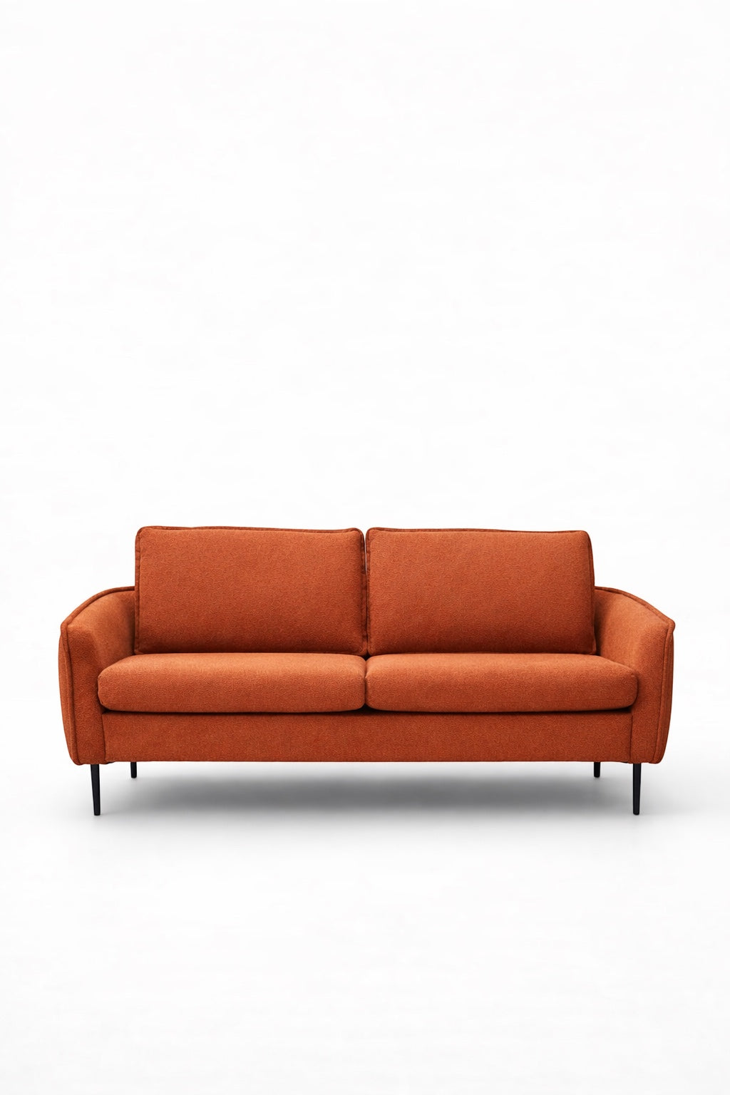 Product view of the Vaya Home Cobalt sofa in orange upholstery with slim arms and a modern low-profile frame.