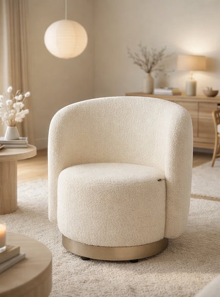 Vaya Home Cocoon accent chair in beige boucle upholstery with a gold base, styled in a warm modern living room.