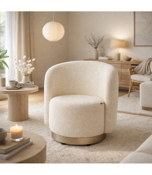 Vaya Home Cocoon accent chair in beige boucle upholstery with a gold base, styled in a warm modern living room.