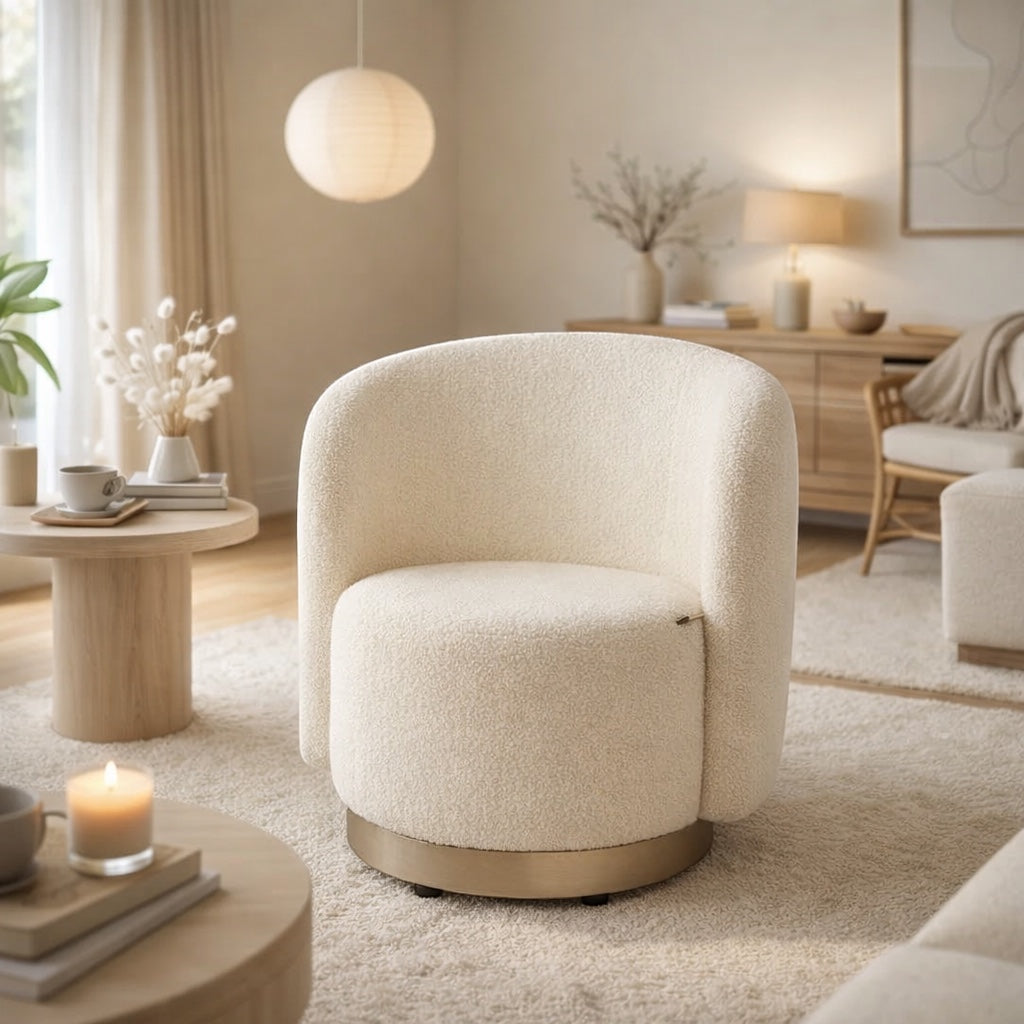 Vaya Home Cocoon accent chair in beige boucle upholstery with a gold base, styled in a warm modern living room.