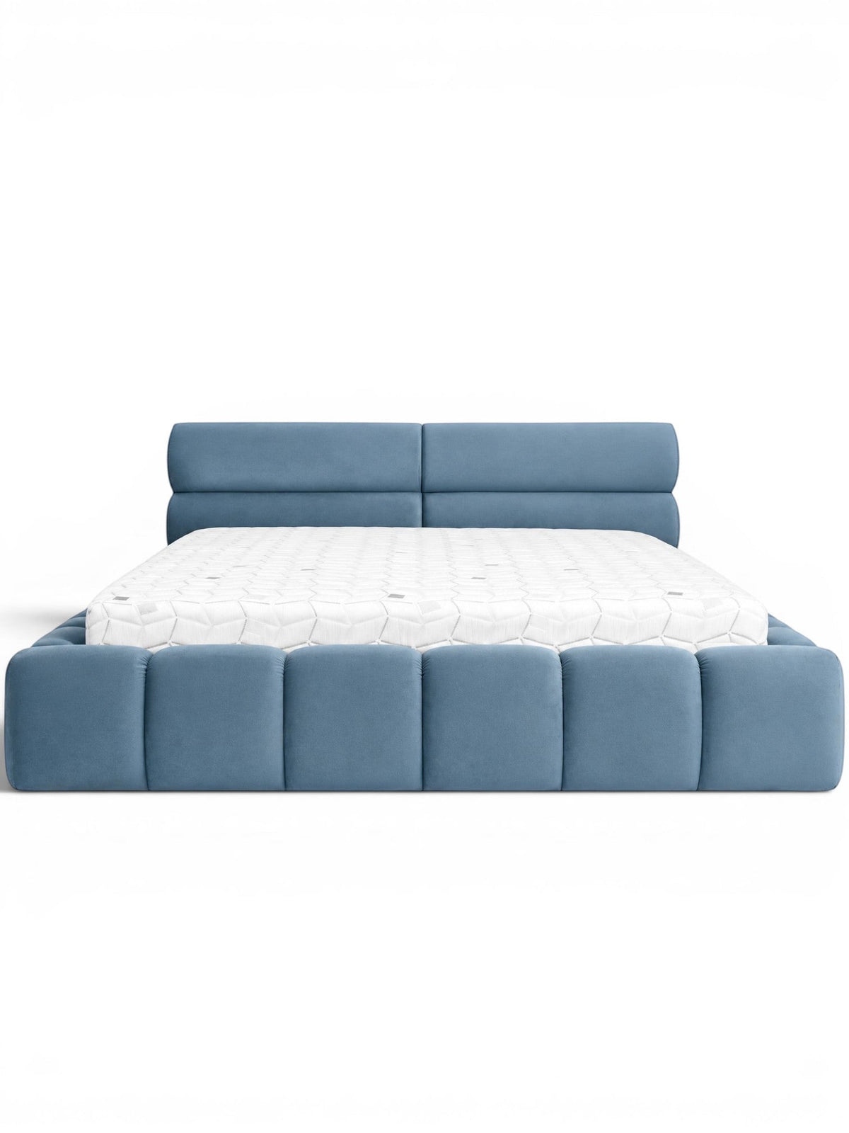 Front view of the Vaya Home Como upholstered platform bed with blue upholstery, a padded headboard, and a channel-detailed base.