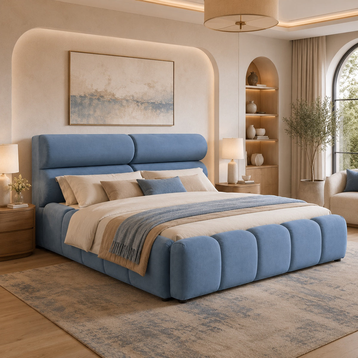 Vaya Home Como upholstered platform bed in blue with a padded headboard and channel-detailed base, styled in a modern bedroom.