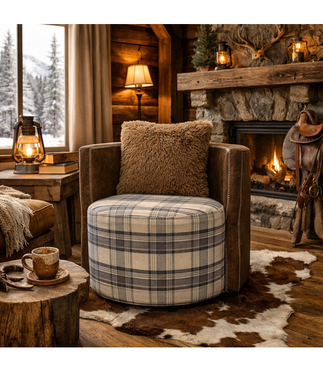 Vaya Home Corvyn armchair with a checkered upholstered seat and brown leather frame, styled in a warm rustic interior.