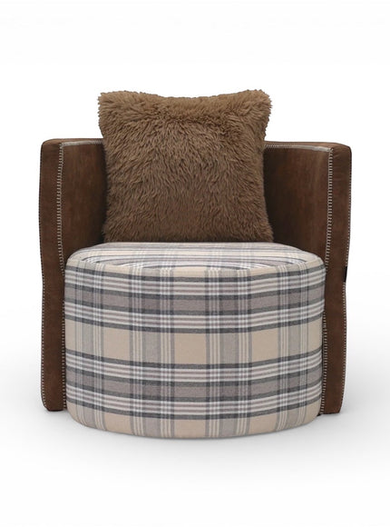 Front view of the Vaya Home Corvyn armchair with a checkered upholstered seat, brown leather frame, and textured accent cushion.
