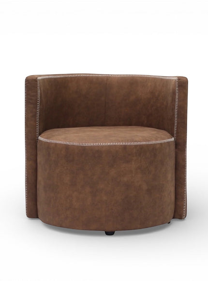 Front view of the Vaya Home Corvyn armchair featuring a rounded seat, curved backrest, and brown leather upholstery.