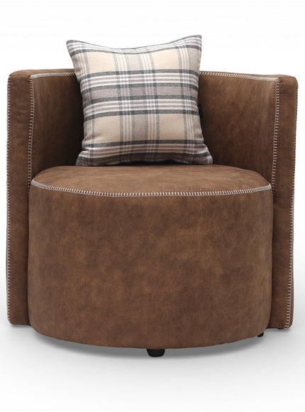 Front view of the Vaya Home Corvyn brown leather armchair with a rounded seat, curved back, and plaid accent cushion.