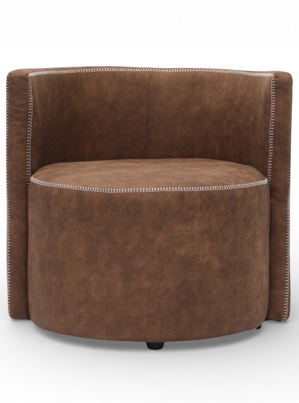 Front view of the Vaya Home Corvyn brown leather armchair featuring a rounded seat, curved backrest, and brown leather upholstery.