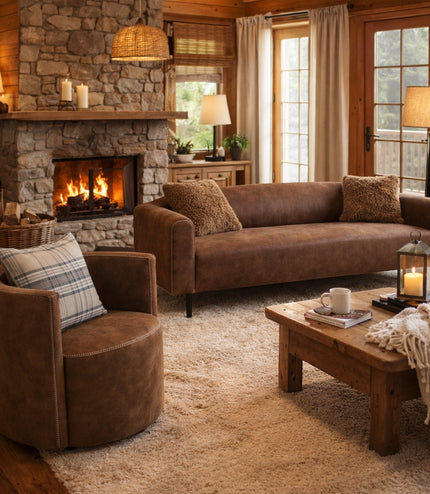 Vaya Home Corvyn brown leather armchair styled in a warm rustic living room beside the Corvyn sofa.