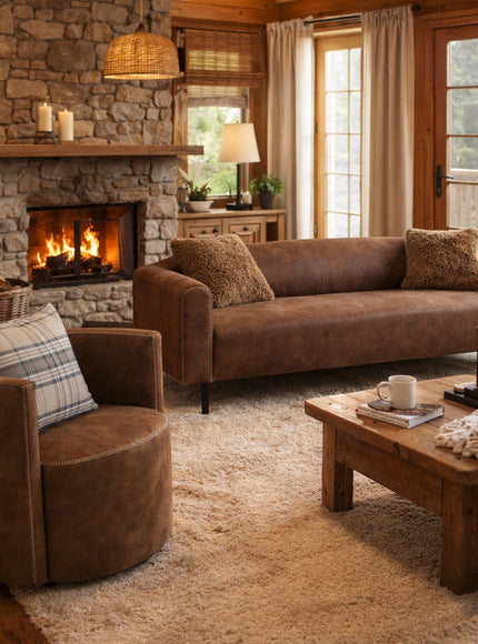 Vaya Home Corvyn brown leather armchair styled in a warm rustic living room beside the Corvyn sofa.