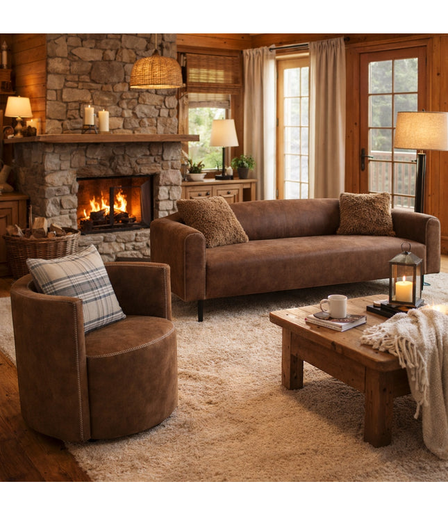 Vaya Home Corvyn brown leather armchair styled in a warm rustic living room beside the Corvyn sofa.
