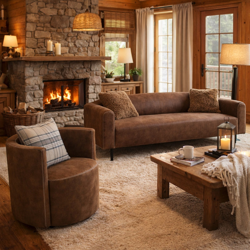 Vaya Home Corvyn brown leather armchair styled in a warm rustic living room beside the Corvyn sofa.