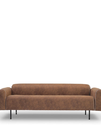 Front view of the Vaya Home Corvyn brown leather sofa with slim arms, metal legs, and accent cushions.