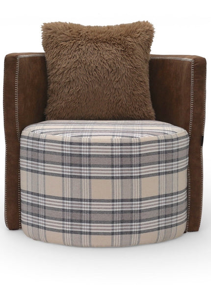 Front view of the Vaya Home Corvyn checkered armchair with a plaid upholstered seat, brown leather sides, and a textured accent cushion.