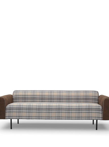 Front view of the Vaya Home Corvyn checkered sofa with plaid upholstery, brown leather arms, metal legs, and accent cushions.