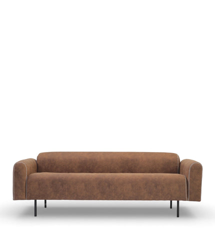 Front view of the Vaya Home Corvyn sofa with brown leather upholstery, slim arms, and metal legs.