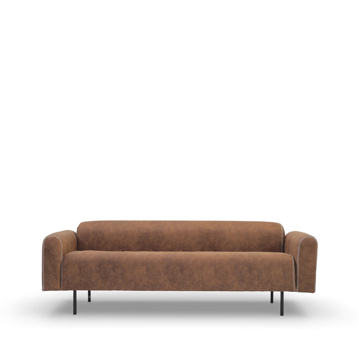 Front view of the Vaya Home Corvyn sofa with brown leather upholstery, slim arms, and metal legs.