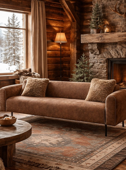 Vaya Home Corvyn sofa in brown leather upholstery, styled in a warm rustic living room with accent cushions.