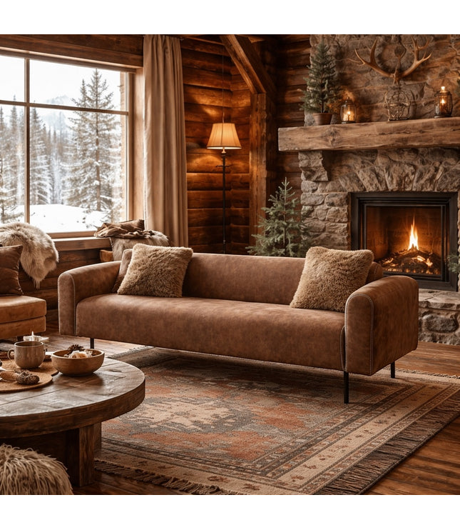 Vaya Home Corvyn sofa in brown leather upholstery, styled in a warm rustic living room with accent cushions.