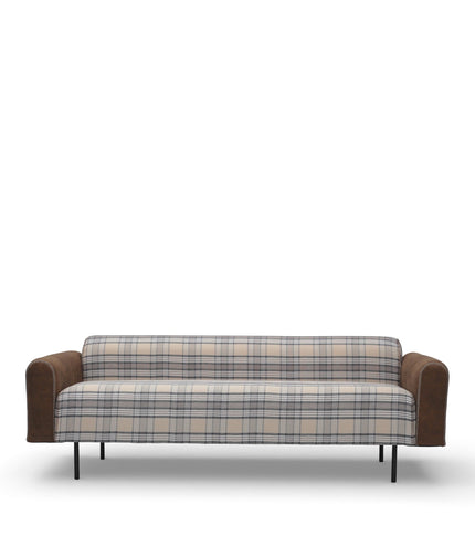 Front view of the Vaya Home Corvyn sofa featuring checkered upholstery, brown leather arms, and slim metal legs.