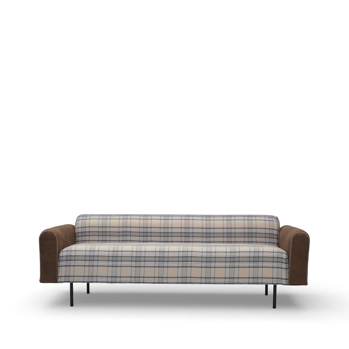 Front view of the Vaya Home Corvyn sofa featuring checkered upholstery, brown leather arms, and slim metal legs.
