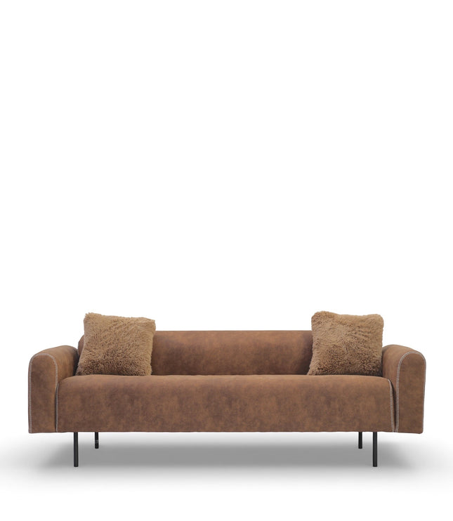 Front view of the Vaya Home Corvyn sofa with brown leather upholstery, slim arms, metal legs, and accent cushions.