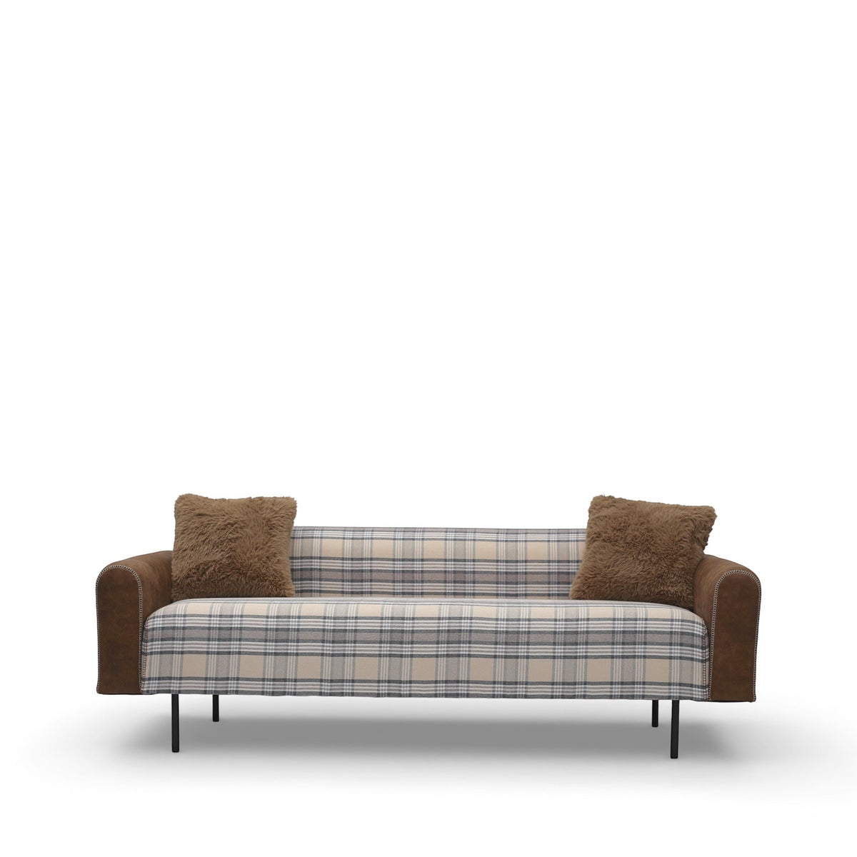 Front view of the Vaya Home Corvyn sofa with checkered upholstery, brown leather arms, metal legs, and accent cushions.