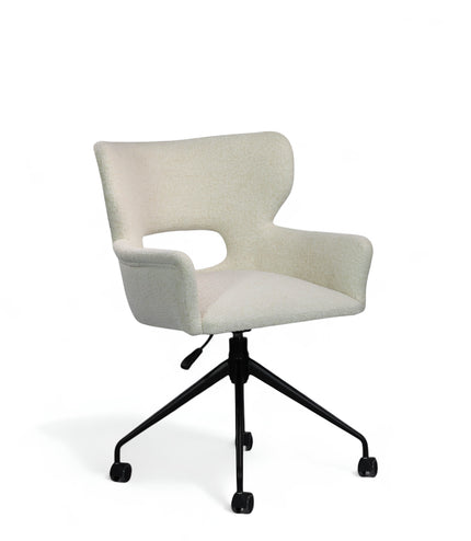 Front angled view of the Vaya Home Crespo swivel office chair featuring white upholstery, curved armrests, and a black caster base.